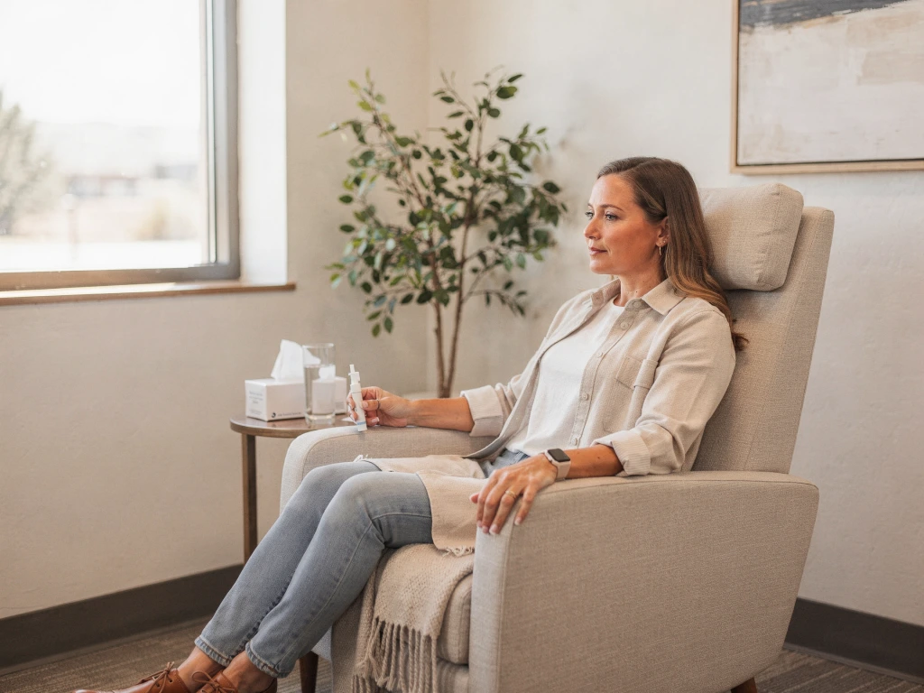 Patient seated in a comfortable chair during Spravato treatment at Myndful Wellness